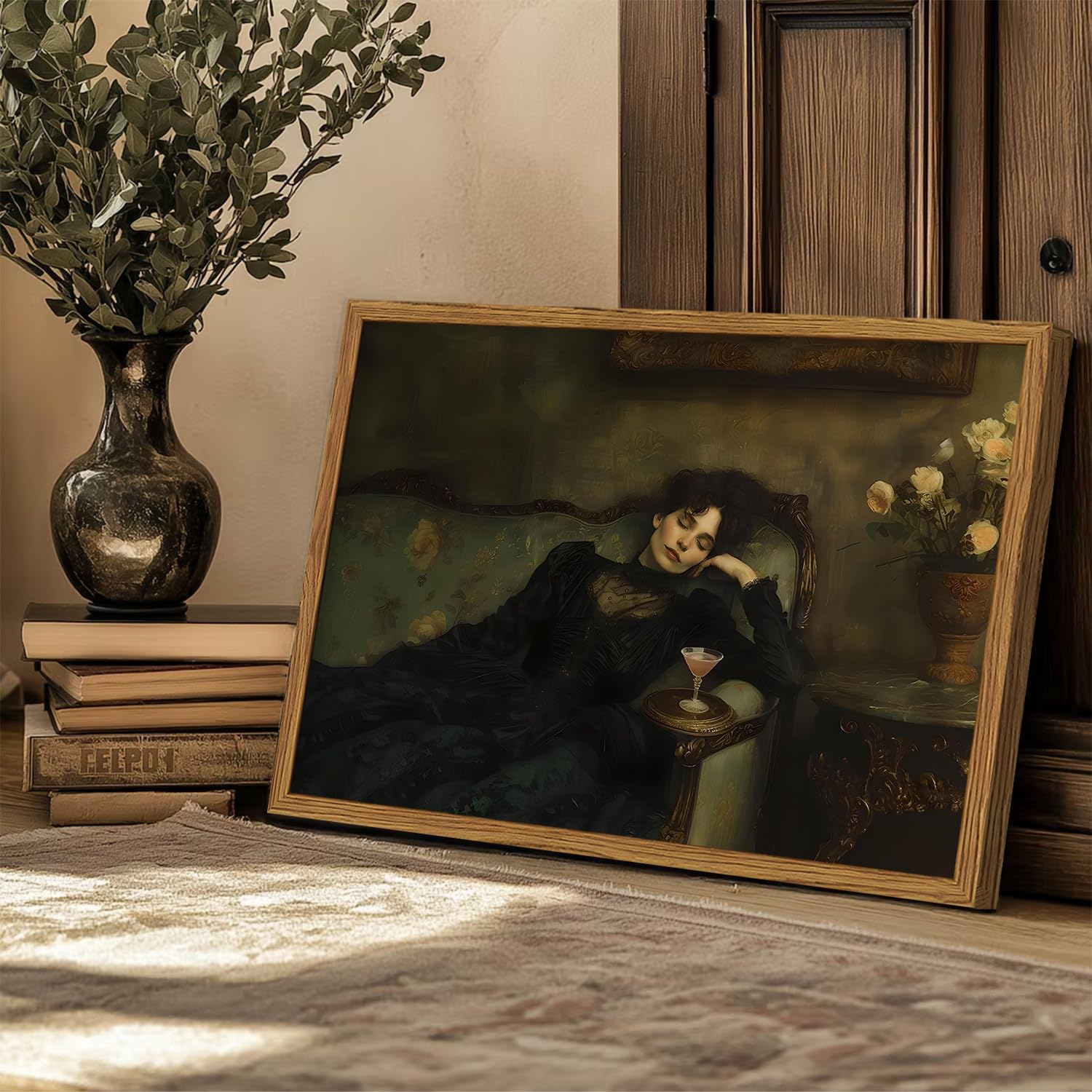Framed Vintage Wall Art, Dark Academia Woman Martini Pictures Wall Decor, Victorian Feminine Lying on Couch Paintings Canvas Prints Moody Home Decor for Living Room Bedroom 16x24 inch