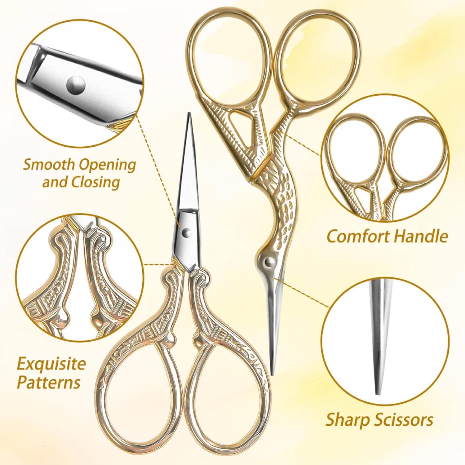 AQUEENLY Embroidery Scissors, Stainless Steel Sharp Stork Scissors for Sewing Crafting, Art Work, Threading, Needlework - DIY Tools Dressmaker Small Shears - 2 Pcs (3.6 Inches, Gold)