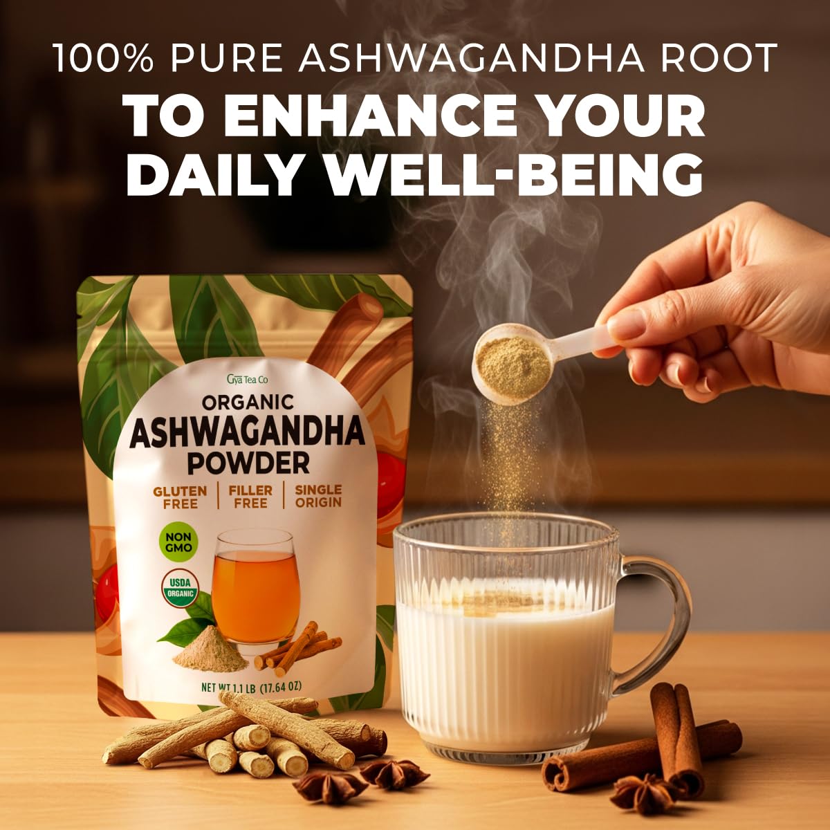 Gya Tea Co Organic Ashwagandha Powder 1.1 lb (17.64 oz) - No Sugar Added, Non GMO, Gluten Free - Great Flavor for Milk, Baking, Drinks, Smoothies & Cakes, Vegan Friendly - Image 3