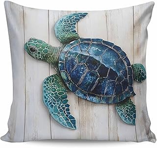 Blue Sea Turtle Throw Pillow Case Wood Grain Vintage Farmhouse Ultra Soft Brushed Pillowcase with Invisible Zipper,Decorative Pillow Covers for Bed Sofa Couch, 24x24In