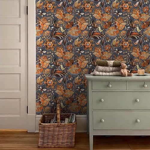 Miniatura 3 de Papel tapiz autoadhesivo con estampado de cachemira naranja vintage bohemio de 18 x 236 pulgadas, para despegar y pegar, papel de contacto extraíble