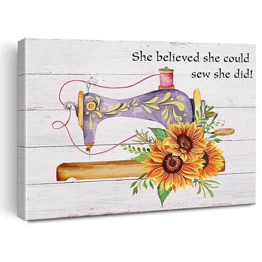 Vintage Sewing Machine Art Wall Decor She Believed She Could Quote Canvas Print Rustic Framed Painting for Sewing Lover Home Sewing Room Wall & Tabletop Decor