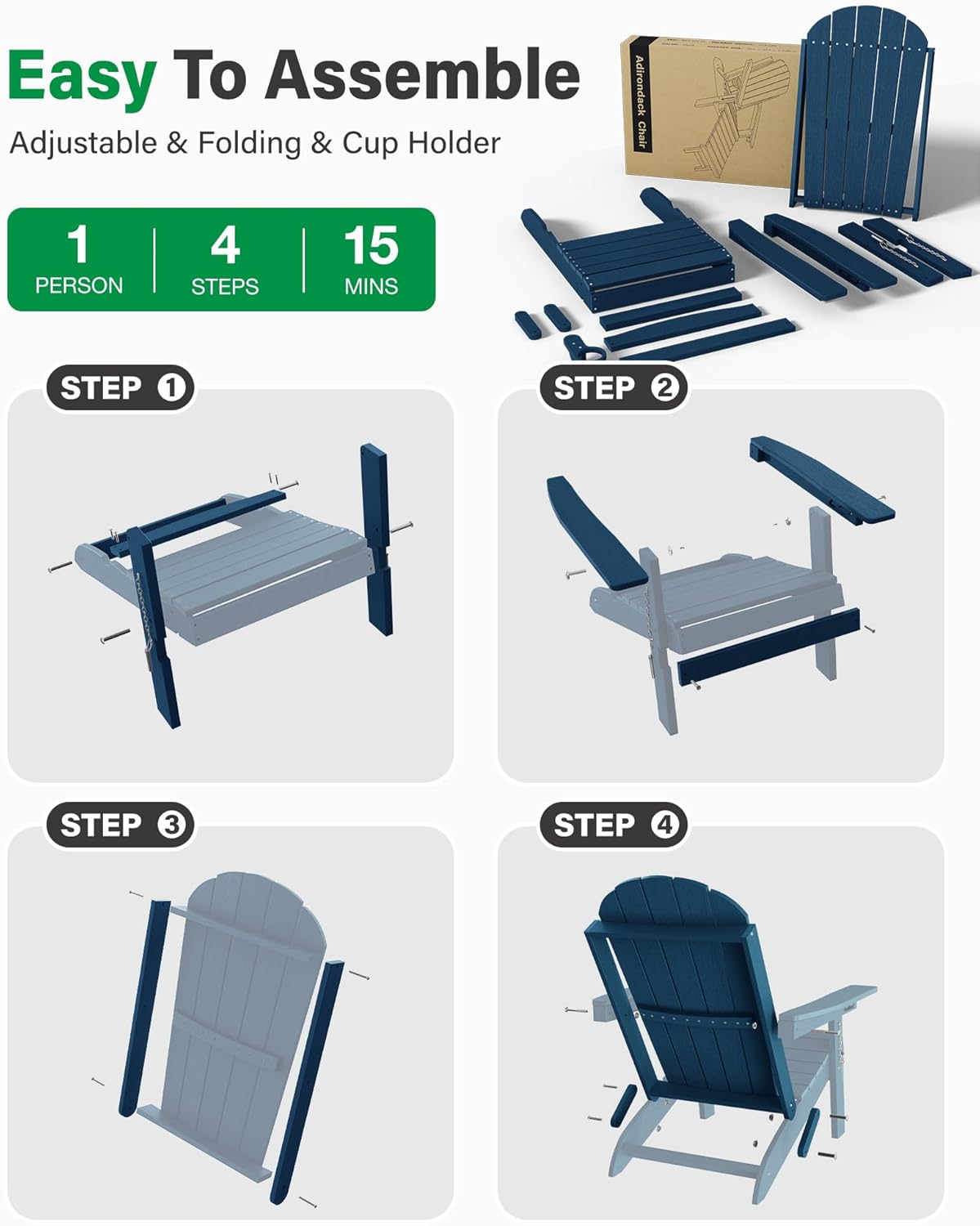 YEFU Adirondack Chairs Set of 2 for Outdoor: Folding Plastic Fire Pit Chair with Cup Holders & Adjustable Backrest - Sturdy All-Weather HDPE for Patio Lawn - Easy Assembly(Navy Blue)