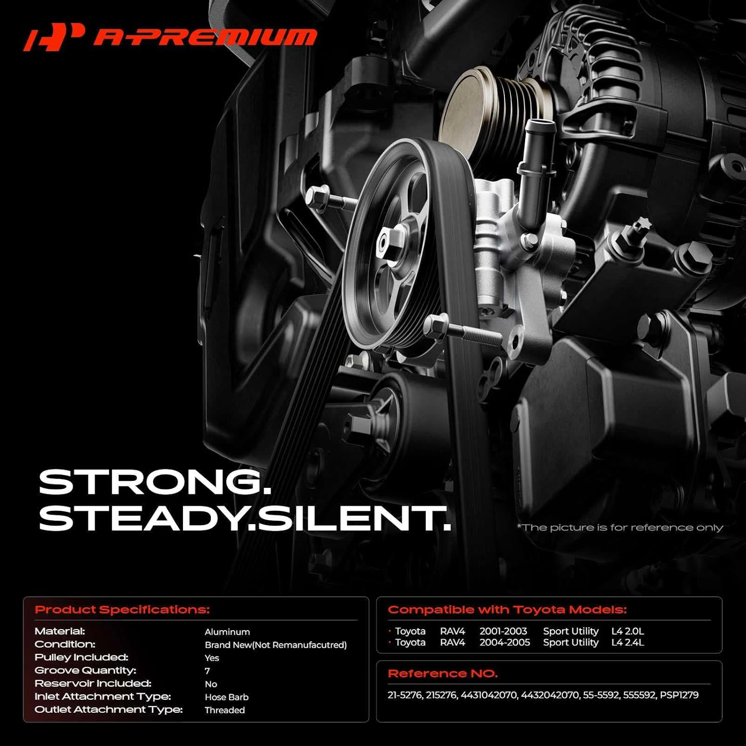 A-Premium Power Steering Pump, with Pulley, Compatible with Toyota RAV4 2001 2002 2003 2004 2005, 2.0L 2.4L, Replace # 4432042070, PSP1279