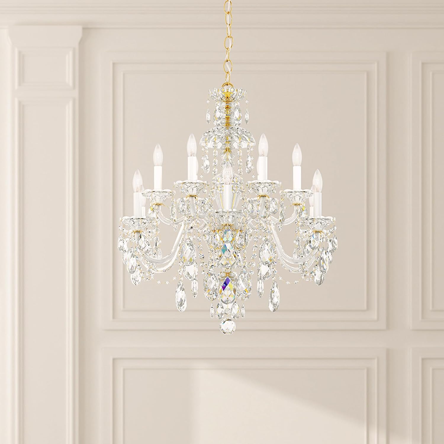 Schonbek Signature 3601-40S, Sterling 12 Light 29in x 30in Two-Tier Chandelier in Silver with Clear Swarovski Crystals