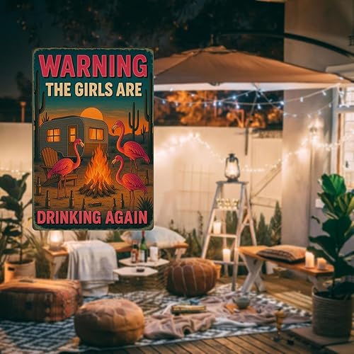 Miniatura 4 de Decoración artística de pared de flamenco, divertido letrero de metal para cámper, caravana, patio, bar, advertencia de que las niñas están bebiendo