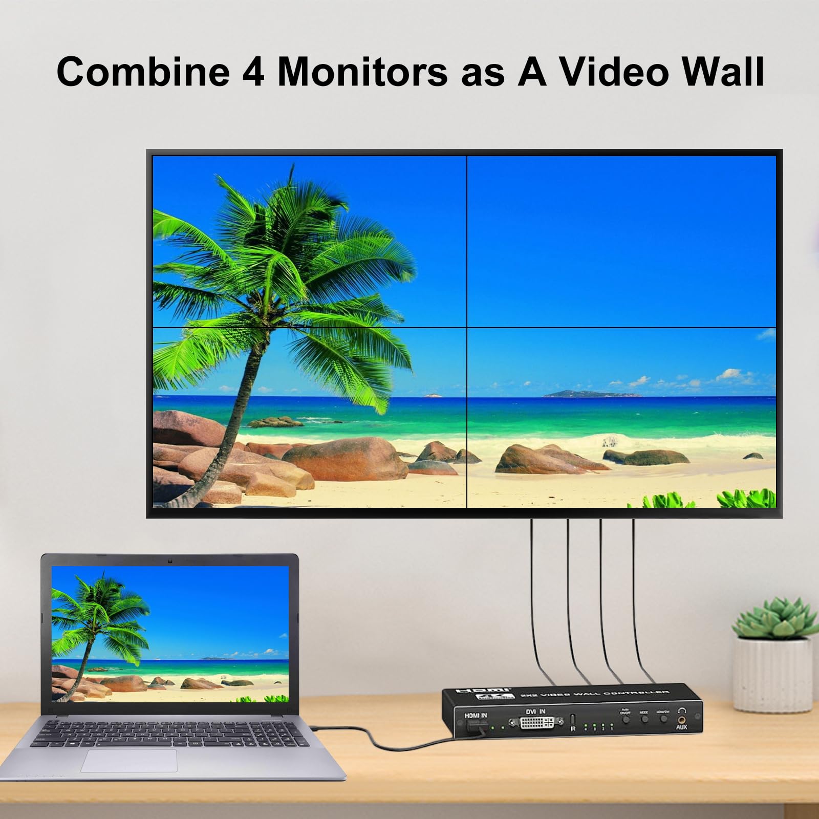 Processore Video Wall 4K HDMl 2x2 con Telecomando IR, Controller Video Wall Ruotabile 180° per 4 Schermi