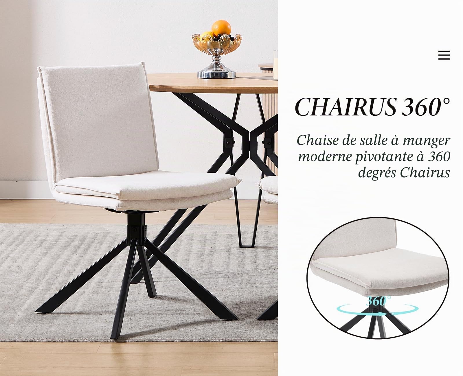 chairus Lot de 2 Chaise Pivotante Salle à Manger sans Accoudoirs, Chaises de Cuisine avec Pieds en Métal, Chaise Rembourrée en Chenille pour Salon, Blanc-2