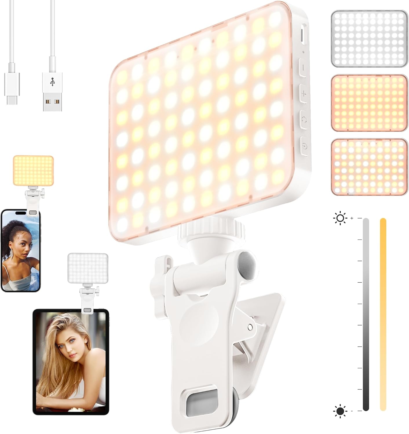 Clip on Selfie Light, Rechargeable 80 LED Selfie Ring Light for Phone, Laptop, Tablet, 3 Light Modes, 10 Brightness Levels Portable Cell Phone Light for Influencers, Tiktok, Video, Pictures