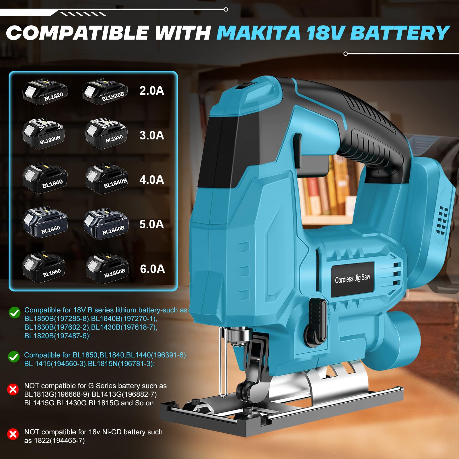 Sierra de calar a batería compatible con Makita 18 V batería (sin pila), sierra de calar eléctrica sin escobillas con 45° bisel, 6 velocidades, 4 orbitales, 6 hojas de sierra (Solo útiles)