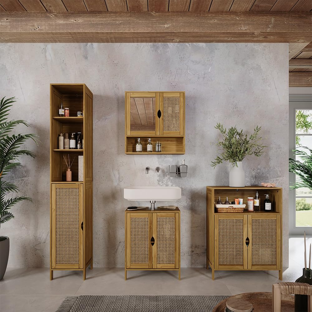 Vicco Waschbeckenunterschrank Liora, Bambus, 48 x 60 cm, zur Aufbewahrung von Badutensilien und Handtüchern