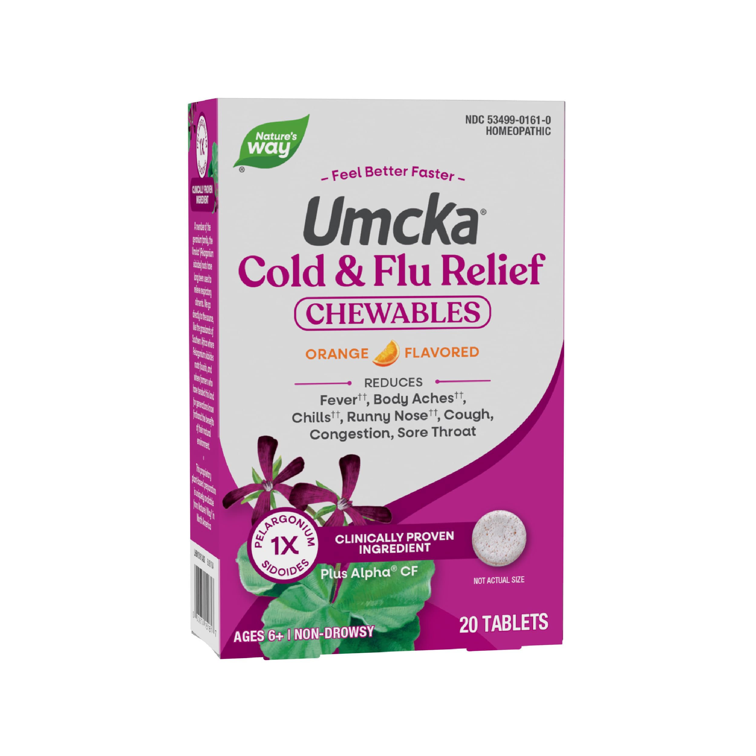 Nature's Way Umcka Cold & Flu Relief, Shortens Duration & Reduces Severity, Multi-Symptom Relief, Homeopathic, Non-Drowsy, Orange Flavored, 20 Chewable Tablets (Packaging May Vary)