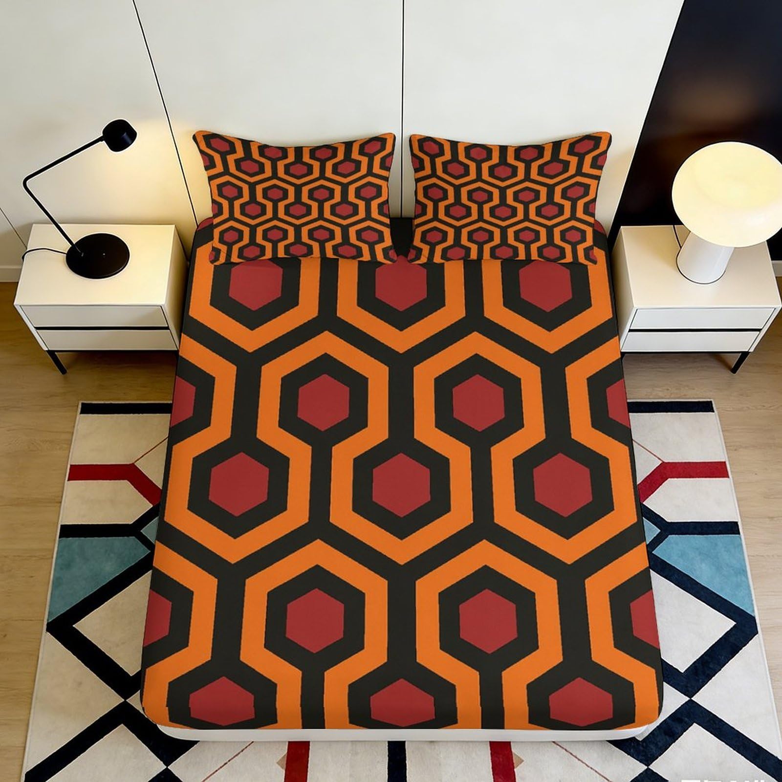 3D Printed Retro Geometric Fitted Sheet Microfiber Soft Orange Hexagon Mattress Cover for Bedroom Dorm Mattress Protection Decor 90x200x25cm