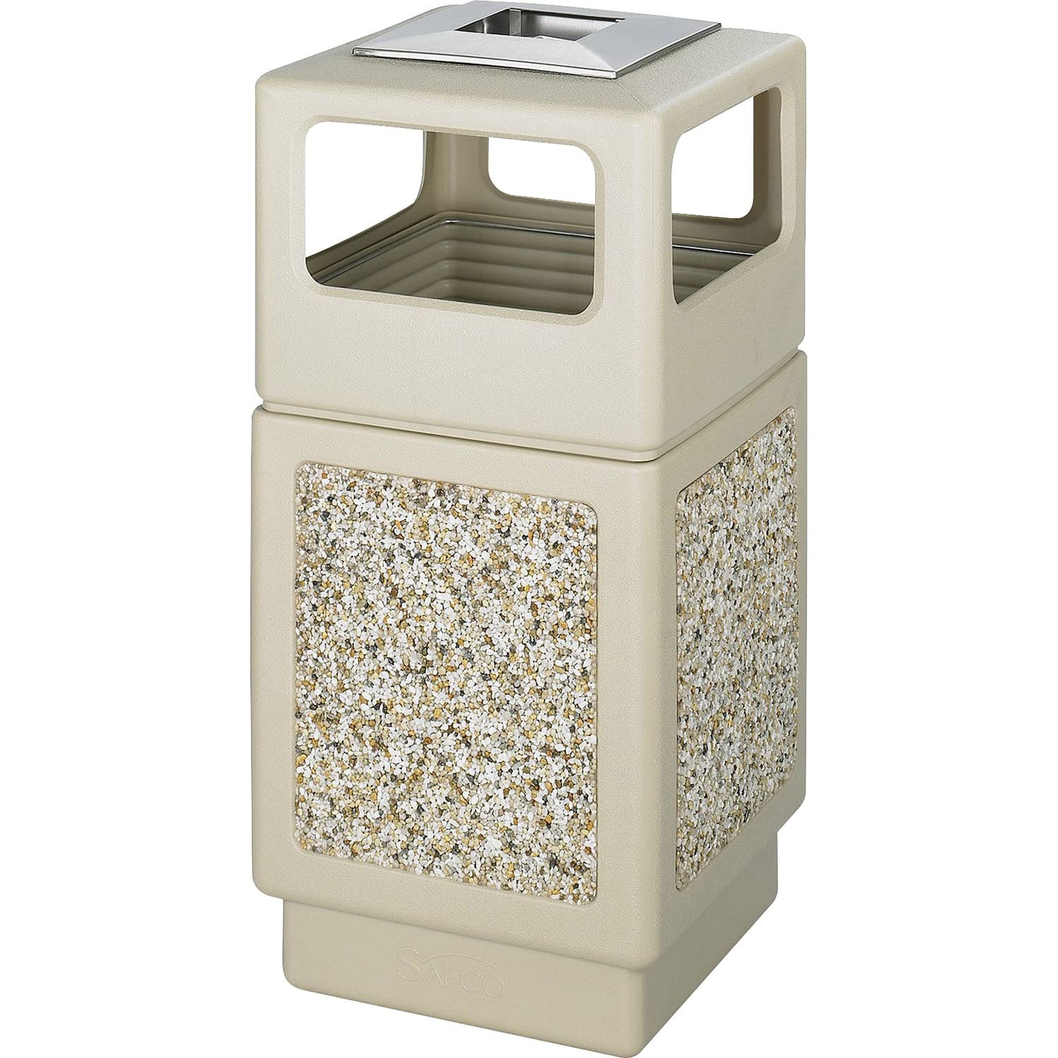 Safco Products Canmeleon Outdoor Indoor Aggregate Panel Trash Can with Ash Urn 9473TN Tan Decorative Fluted Panels Stainless