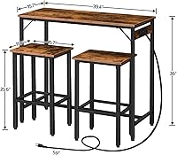 Vista 3 de HOOBRO Juego de mesa de bar y sillas, juego de mesa de comedor de 39.4" con toma de corriente, juego de mesa de pub de 3 piezas, mesa de bar