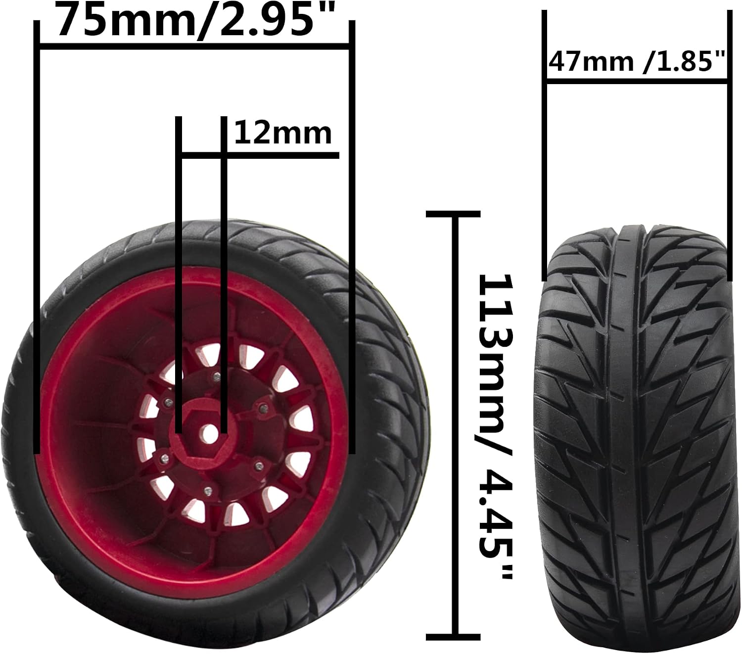 4Pack Vgoohobby 4.45" 1/10 RC Off-Road Car Rubber Tires & Plastic Wheels Rim Compatible with Traxxas Arrma Redcat Tamiya HPI Kyosho 1/10 RC Off-Road Buggy Short-Course Truck (Red,Style 2 Tire-Skin)