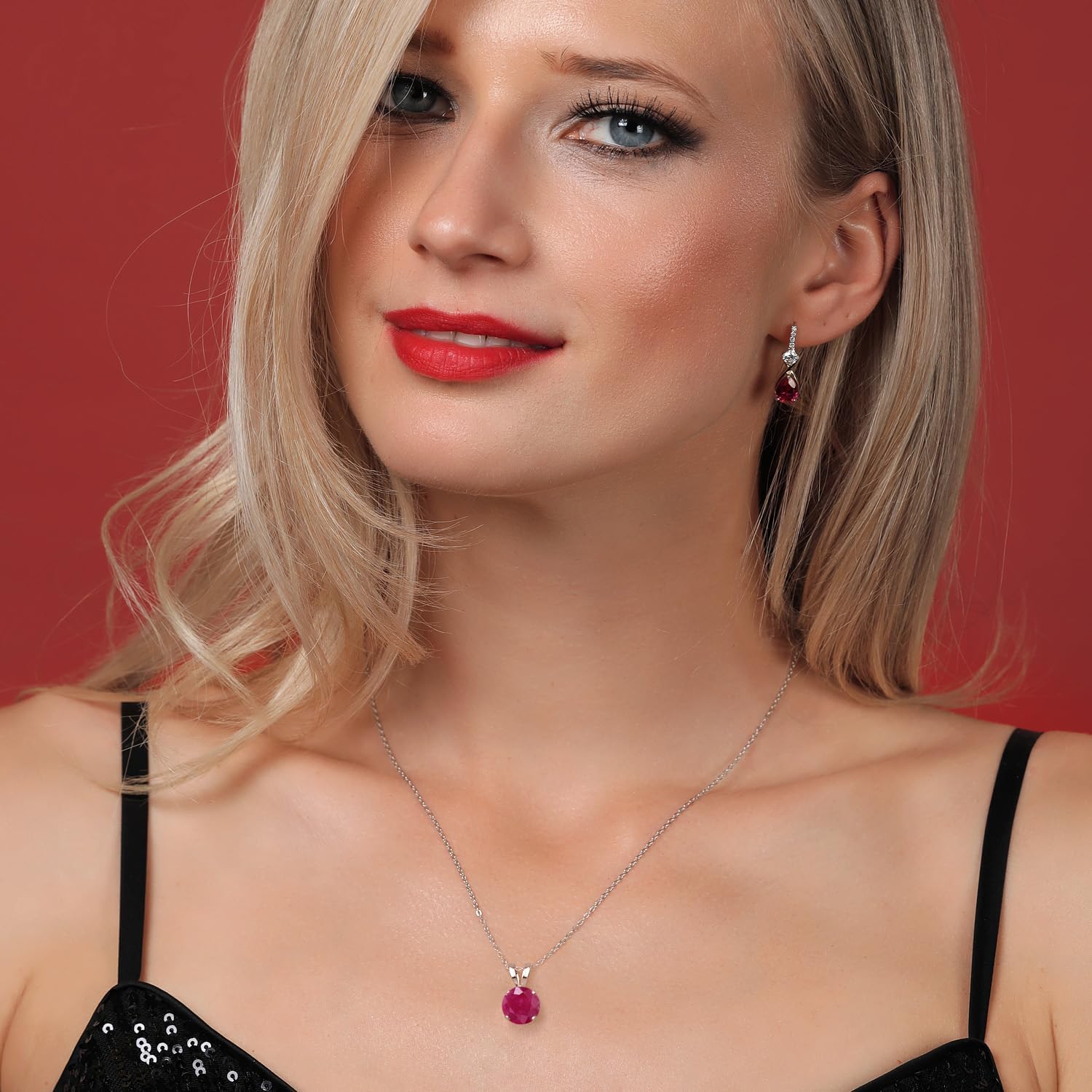 Gem Stone King 14K White Gold Red Ruby Pendant Necklace for Women | 1.00 Cttw | Gemstone July Birthstone | Round 6MM | With 18 Inch Silver Chain - Image 4