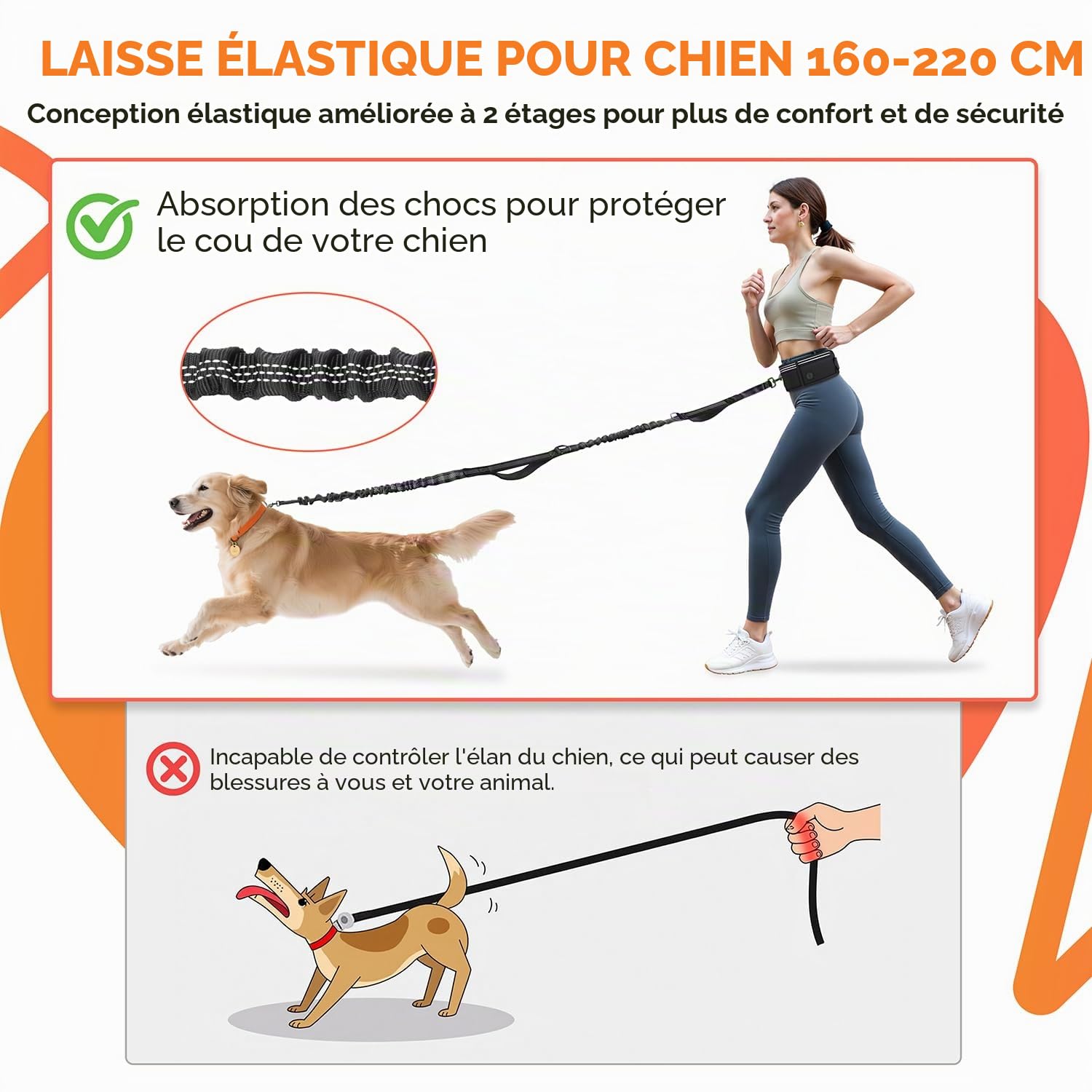 Laisse Canicross Chien, Laisse Main Libre pour Chiens, Longe de Jogging Élastique 160-220cm, Anti-tirons, Réfléchissant, Ceinture Réglable, Double Poignée pour Course à Pied, Marche