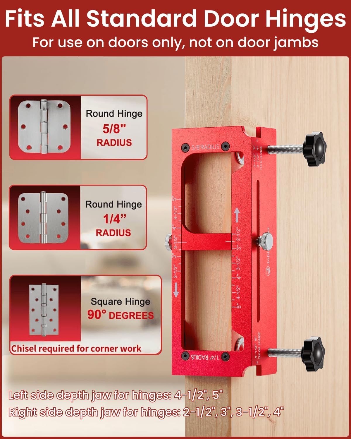 Door Hinge Jig, Aluminum Alloy Doors Hinges Router Jigs, Adjustable Door Jamb Hinge Jig, Fits Door Hinges from 2.5" to 5" Length and Thicknesses, Radius 1/4”, Radius 5/8” and Square Corner