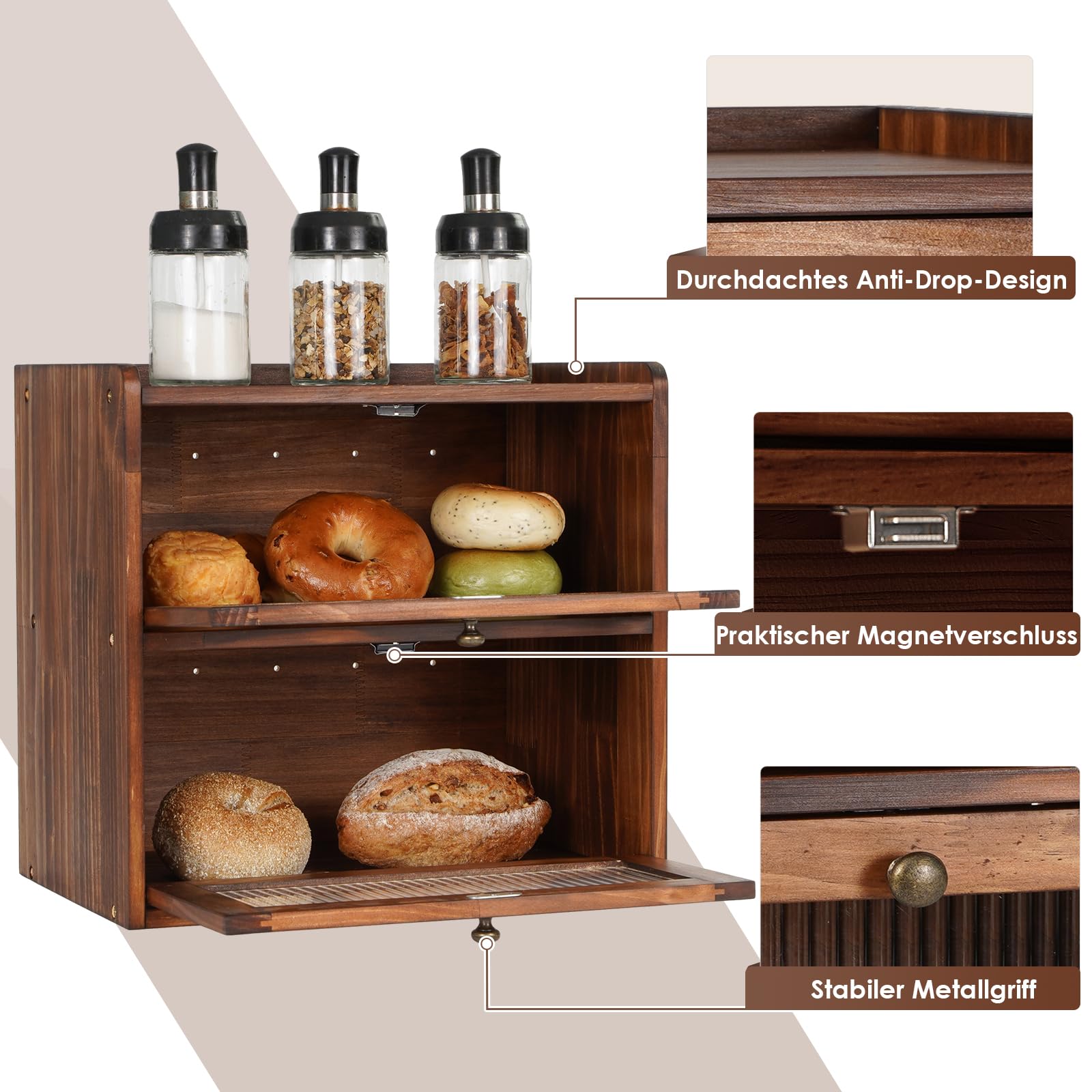 GUUSII HOME Brotkasten Groß Brotbox Küche Holz Gross Brotaufbewahrung 2 Etagen Brotkästen XL 36x24x34cm Beste Aufbewahrung für Brot mit Magnetisch Acryltür Bread Bin (braun)