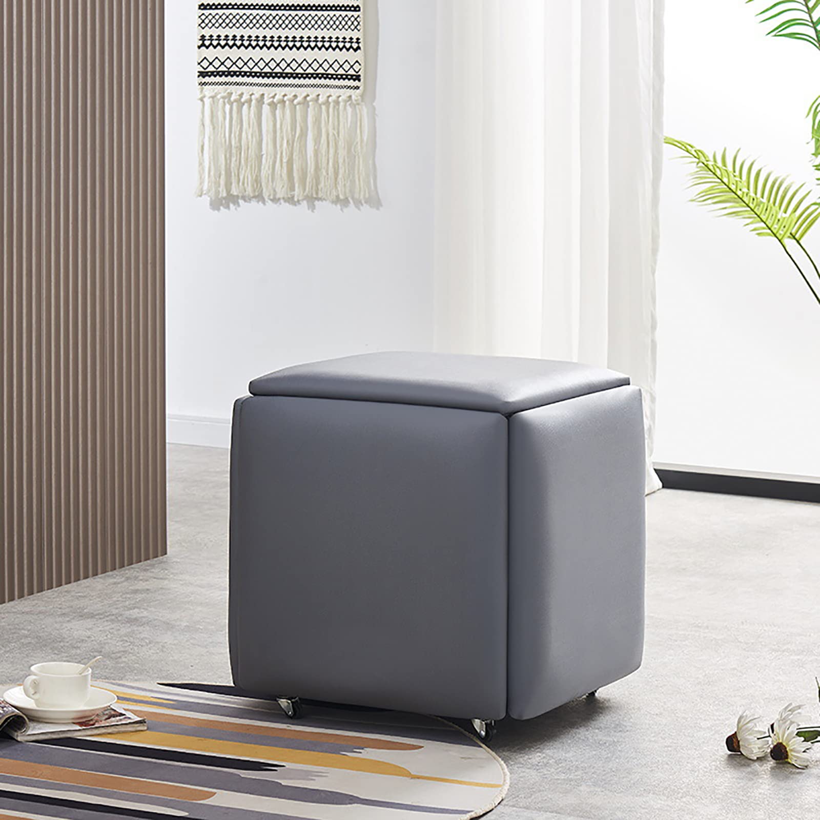 LMMIAOZ 5 in 1 Nesting Ottoman Cube Chair Stackable Stools with Wheels for Living Room and Dining Room Small Square Foot Rest Stool H45 * 45 * 45CM