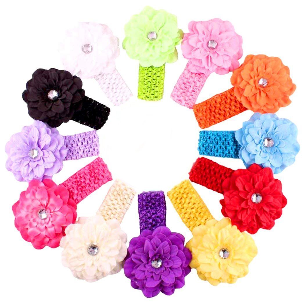 Angel Kiss Baby Girl 14" Elastic Headbands with Peony Flower (Pack of 12)