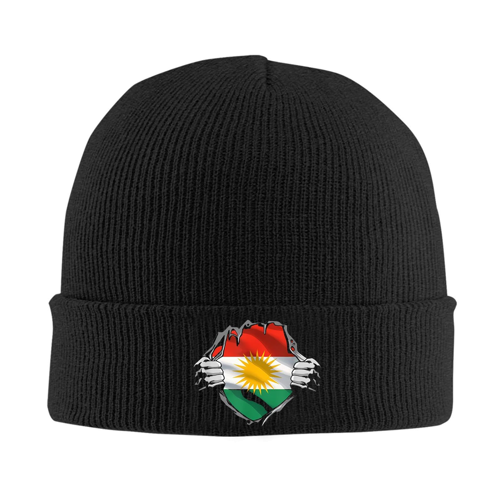 Unisex Beanie Hat for Funny Kurdistan Kurdish Kurds Flag Fashion Casual Loose Style Black Knitted Beanies Hats Size is: One Size