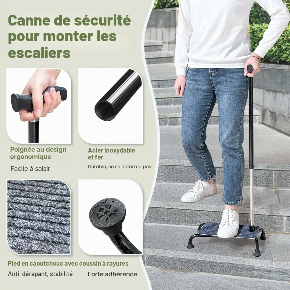 Canne d'Escalade pour Personnes Âgées - Demi-Marche, Aide à l'Ascenseur d'Escalier, 4 Broches, Grande Base Quad, Bâtons de Marche Réglables