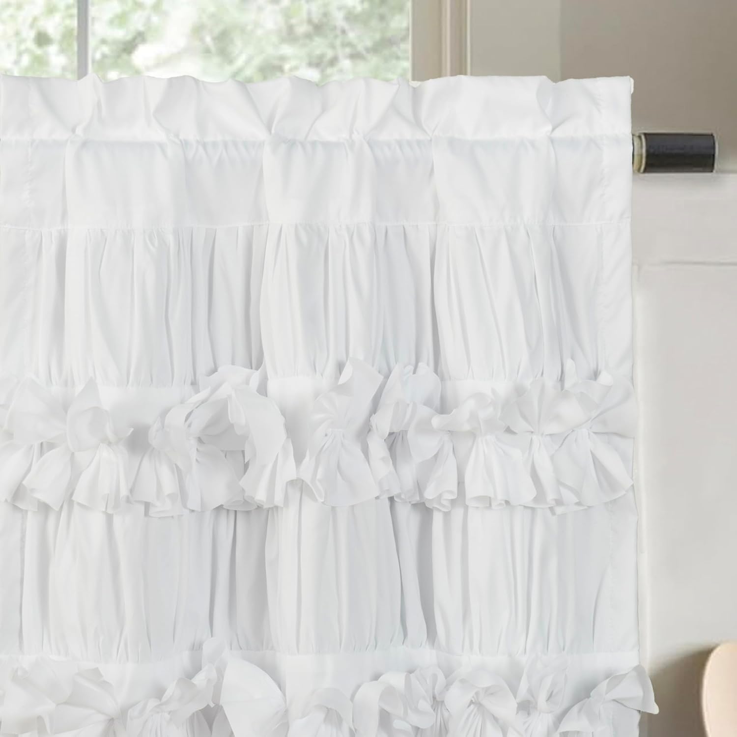 HIG 2 Pack White Ruffle Kitchen Curtains – Handcrafted Bow Tie Blackout Tier Curtains for Kitchen, Cabinet, Basement, Camper, Farmhouse Decorative Privacy Cafe Window Treatment, 30"x24"