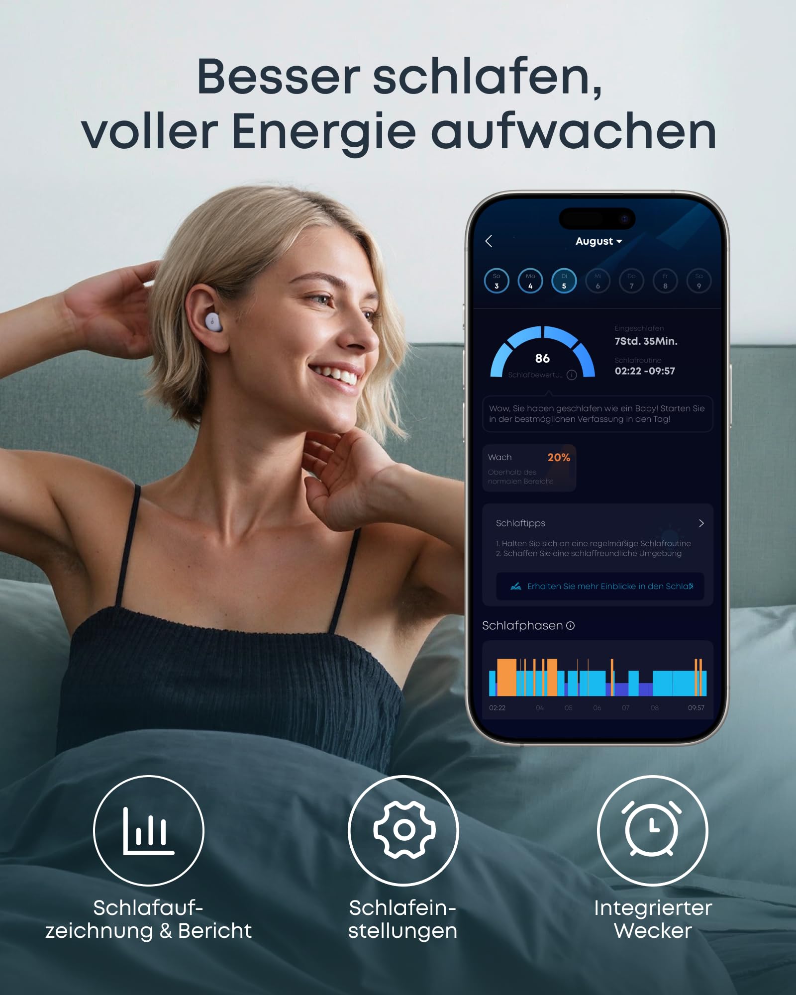 soundcore Sleep A30 von Anker, Schlafkopfhörer, Geräuschmaskierung, Bluetooth-Kopfhörer, adaptives Schnarchmaskierungssystem, Ultra-komfortabel für Seitenschläfer, 45h Akku