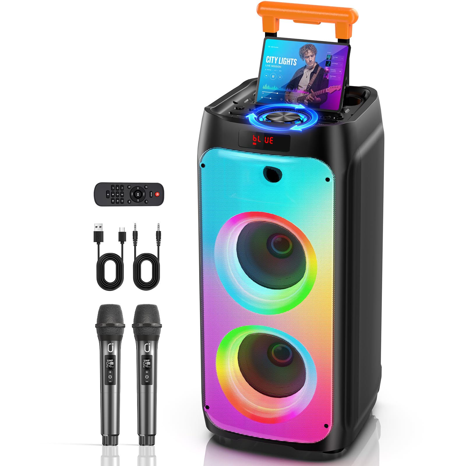 24”Karaoke Machine For Adults, 600W Peak,Dual 8"Woofer, Loud&Powerful Sound | Telescoping Handle & Wheels, Feedback-Resistant Mics, Full-Panel RGB, Bluetooth&TV Connection for Outdoor Parties&Gatherin
