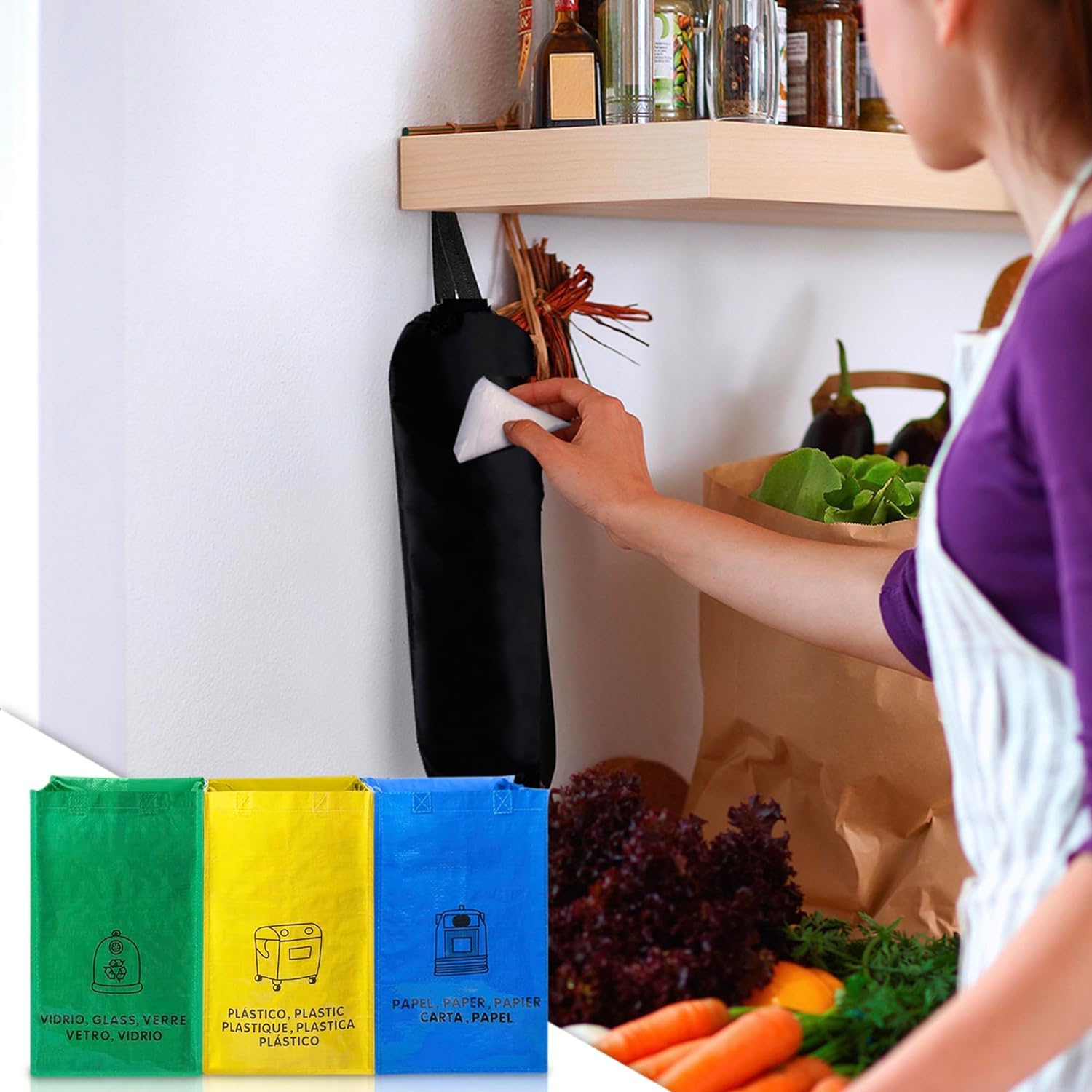 Modern House Separate Recycling Waste Bin Bags For Kitchen Home Recycle Garbage Trash Sorting Bins Organizer Waterproof Baskets Compartment Container (Set Of 3 Color Pack