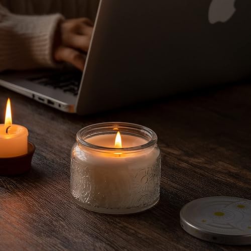 Miniatura 5 de Art Secret Paquete de 12 tarros de vela de vidrio en relieve de 4 onzas con tapas y etiquetas, diseño patentado de estrellas de sol y luna para