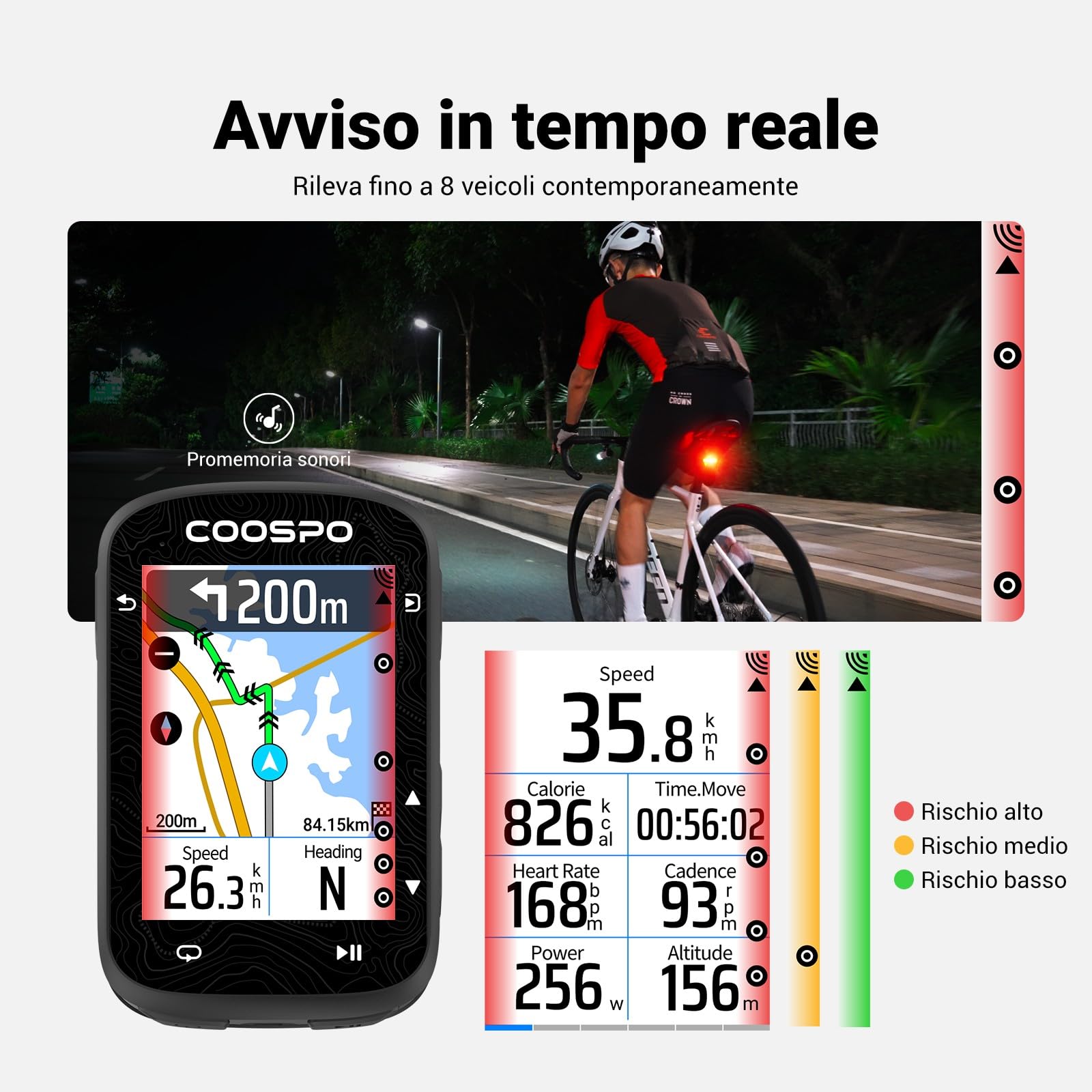COOSPO TR70 Luce Posteriore Radar Intelligente Bicicletta, 140m Rilevamento, Bluetooth & ANT+ Connessione Doppia, 7 Modalità, 40h Autonomia, IP67 Acquastatico VTT & Strada
