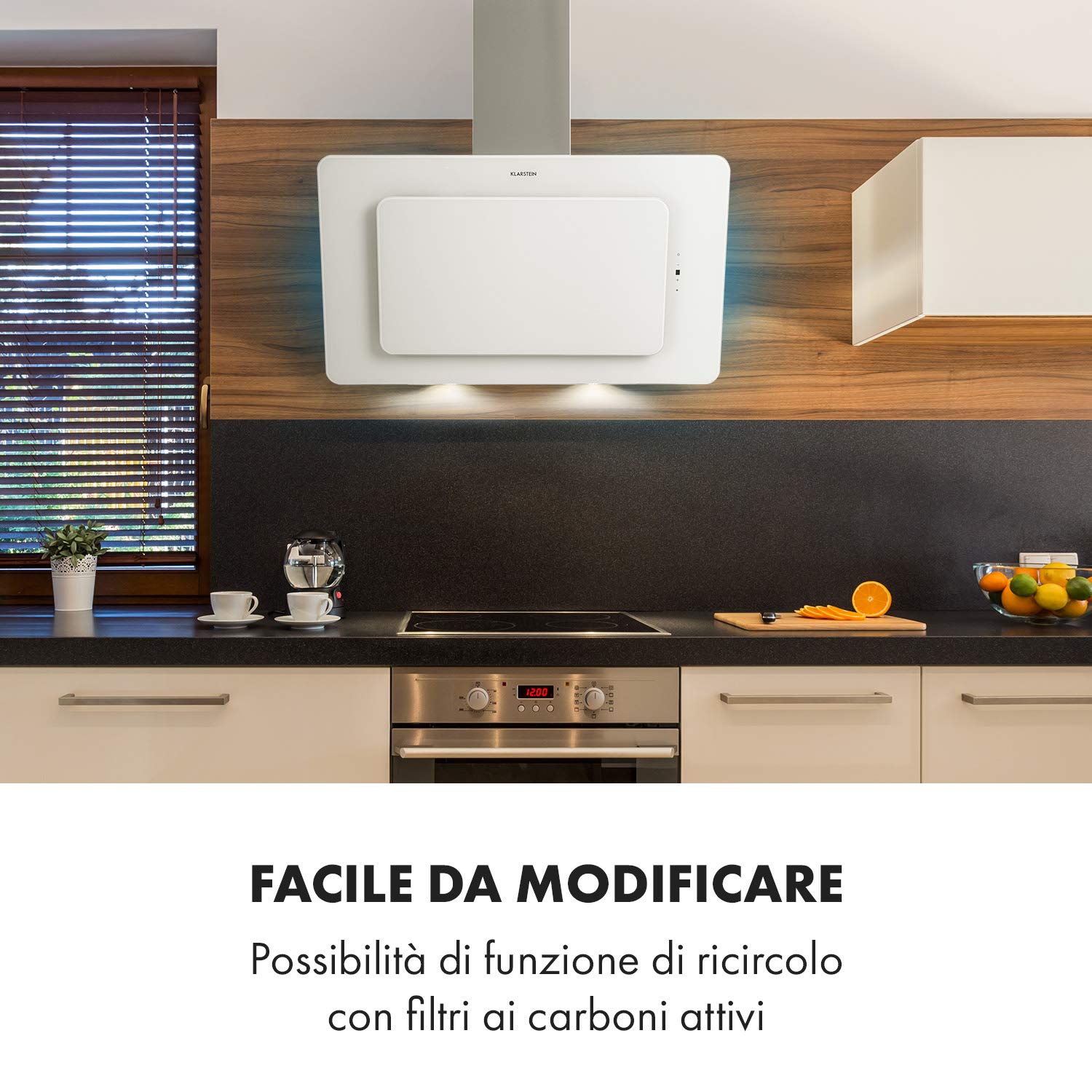 Klarstein Cappa Aspirante 90 cm, Cappa Cucina, Cappa Filtrante, Scarico: 595m³/h, Illuminazione LED, Pannello Touch, Filtro Carboni Attivi, Luci RGB, Con Ricircolo Aria, Classe Energetica A, Bianco