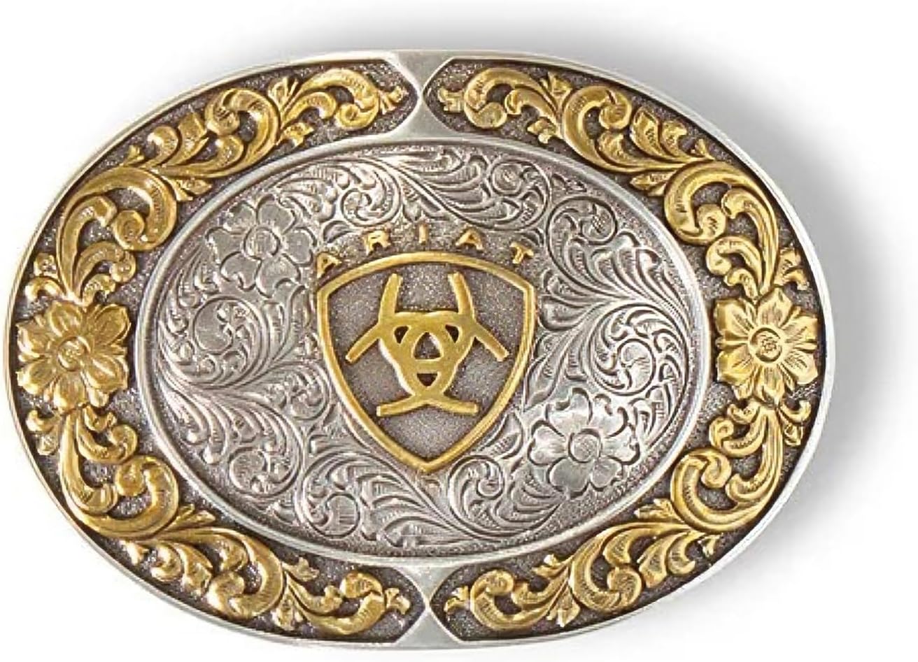 ARIAT Floral Oval Belt Buckle - Silver and Gold Western Cowboy Belt Buckle
