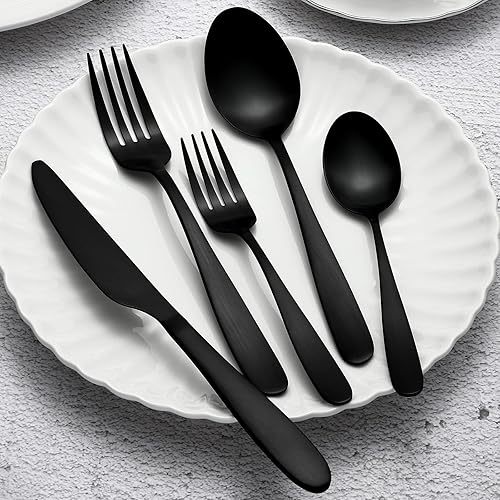 Miniatura 2 de Juego de cubiertos negros mate para 8, juego de cubiertos negros de 40 piezas, acero inoxidable, incluye tenedor, cuchara y cuchillo, juegos de