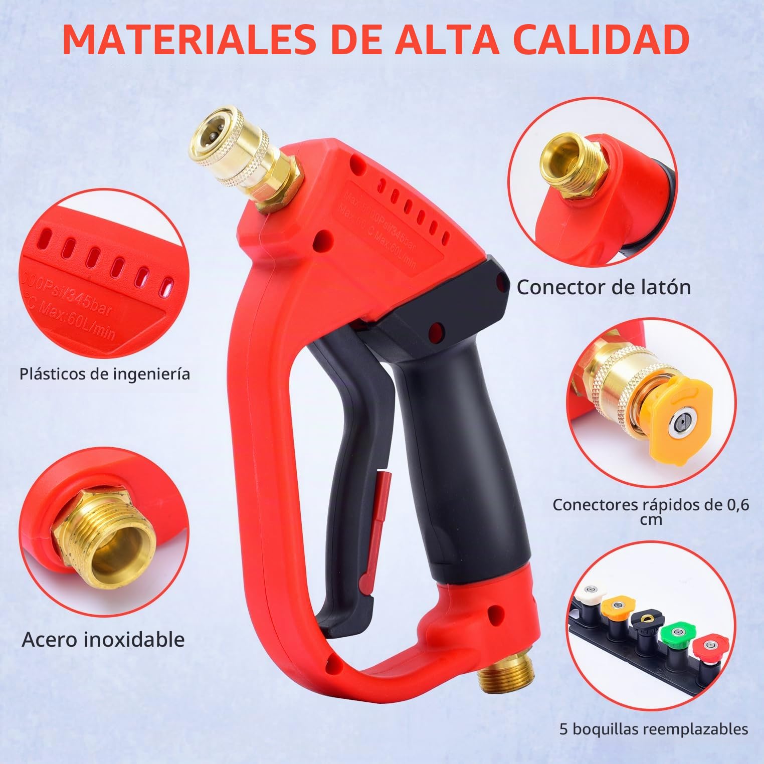 Pistola de Agua De Alta Presión con 5 Boquillas de Pulverización,Conexión Rápido Y Adaptador de 1/4 ",M22-14 Mm Kit de Limpieza de Pistola Rociadora para Lavado de Coches, Riego de Jardines