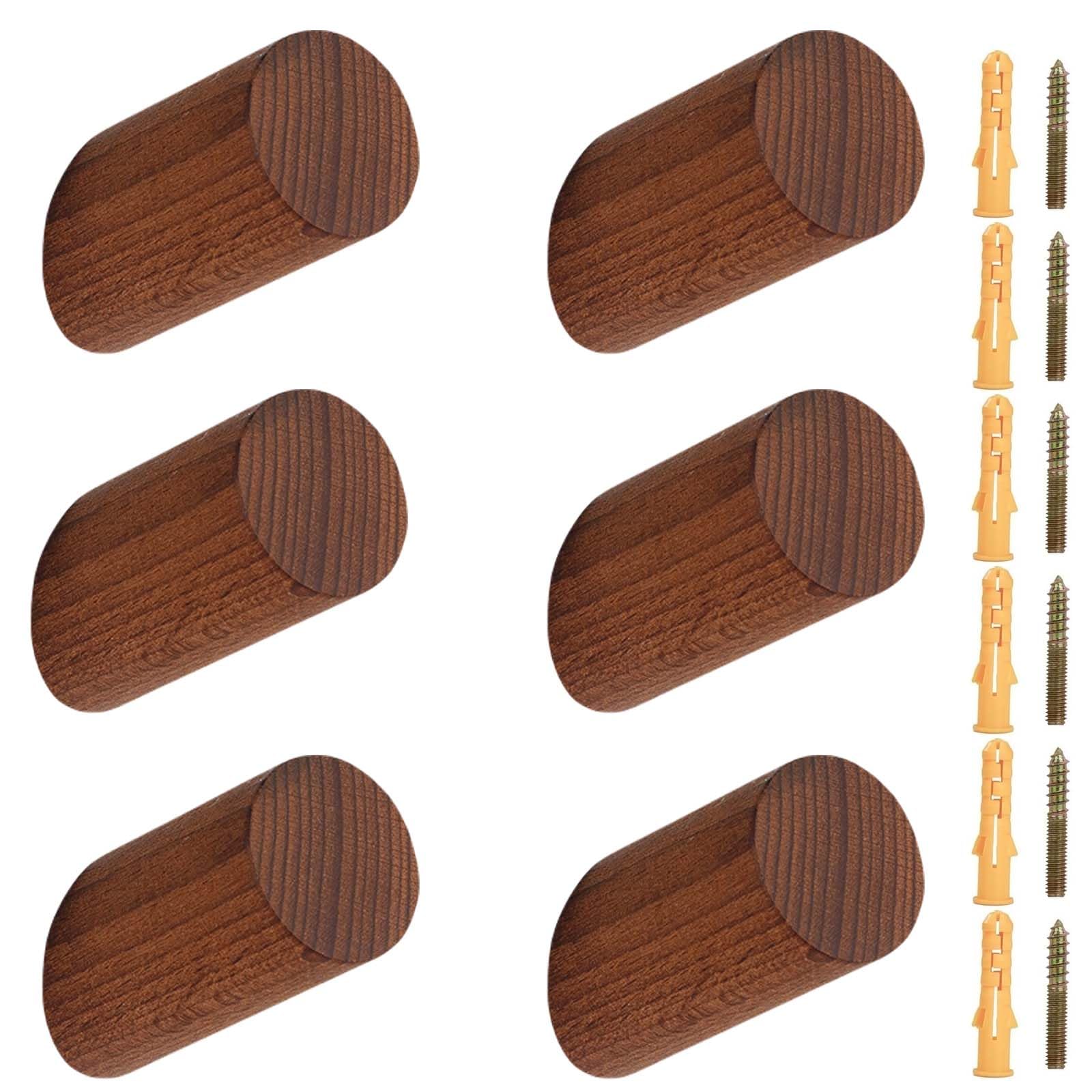 KEXYOAN 6 Pack Natural Wooden Coat Hook Wall Mount Beech Wood Decorative for Hats Bags Backpacks Wallets(Walnut,3 * 6cm)