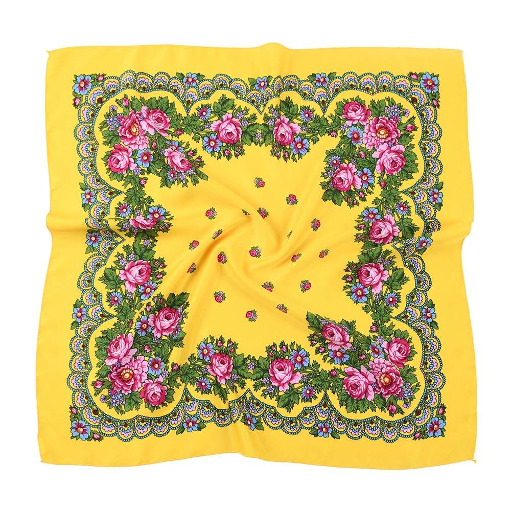 OLEETS Spring And Autumn Bohemian Style Flowers Head Scarf Shawl,70x70cm(Yellow) Russian And Ukrainian Style Square Shawls Scarves