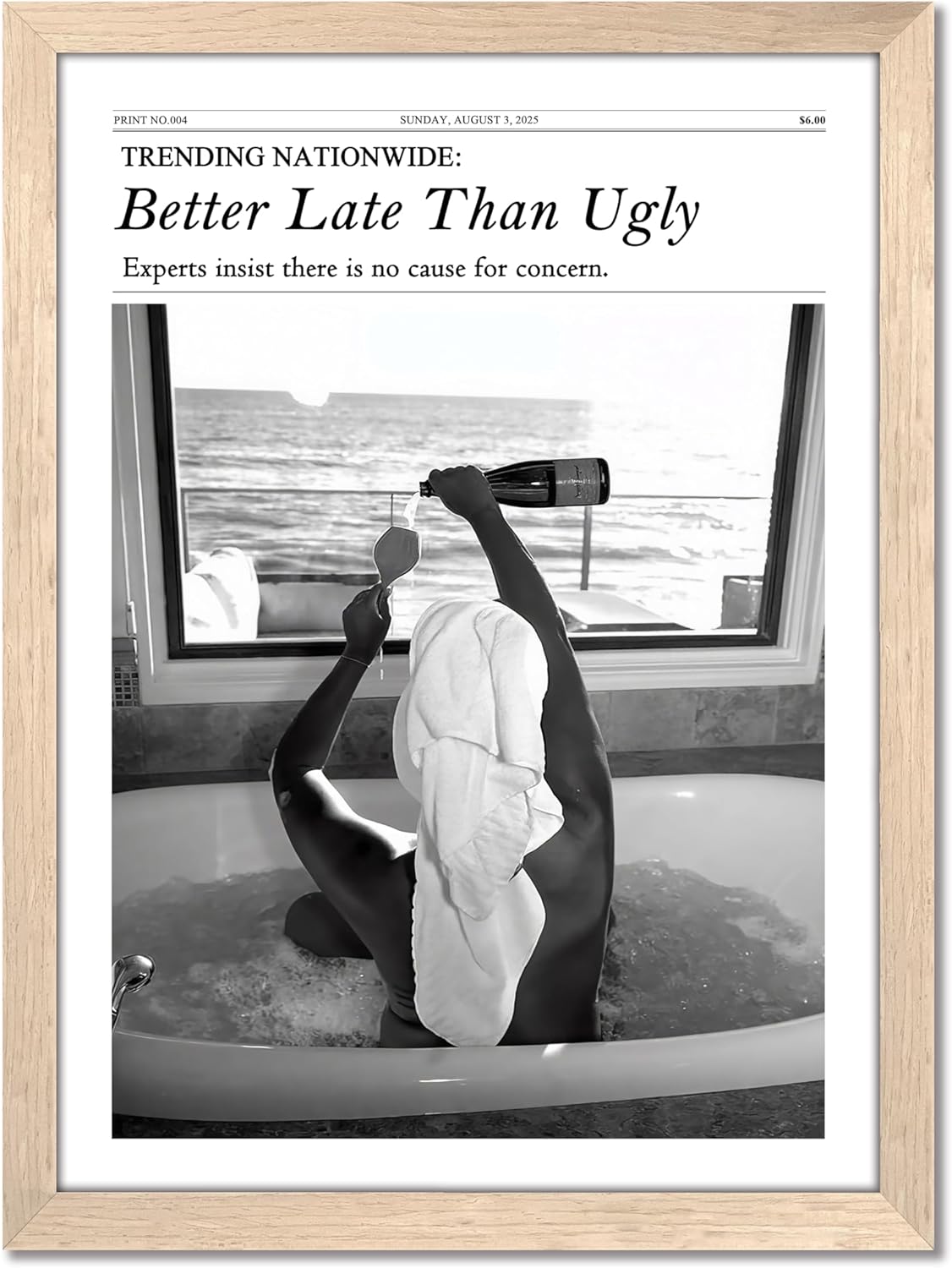 Framed Newspaper Canvas Wall Art, “Better Late Than Ugly” Black and White Poster Print, Trendy Bathroom Girls Room Picture, Vintage Aesthetic Feminist Quote Wall Decor for Living Room Dorm 16×24 inch