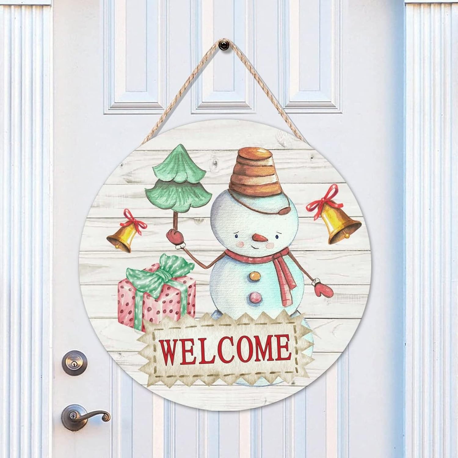 Christmas Snowman Welcome Wood Door Sign, Snowman Front Door Round Welcome Wood Sign, 16x16in Winter Welcome Wall Door Hanging Sign Farmhouse Backyard Door Hanger Wall Decor