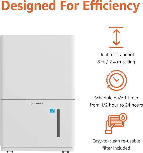 Amazon Basics 50-Pint Large Dehumidifier for Home, New Energy Star Certified, Humidity Control, Timer, Auto-Defrost, Overflow Protection, Washable Filter for Rooms up to 4000 SFT, White