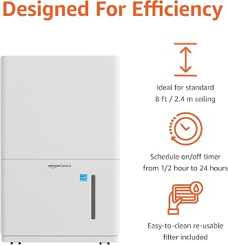 Amazon Basics 50-Pint Large Dehumidifier for Home, New Energy Star Certified, Humidity Control, Timer, Auto-Defrost, Overflow Protection, Washable Filter for Rooms up to 4000 SFT, White