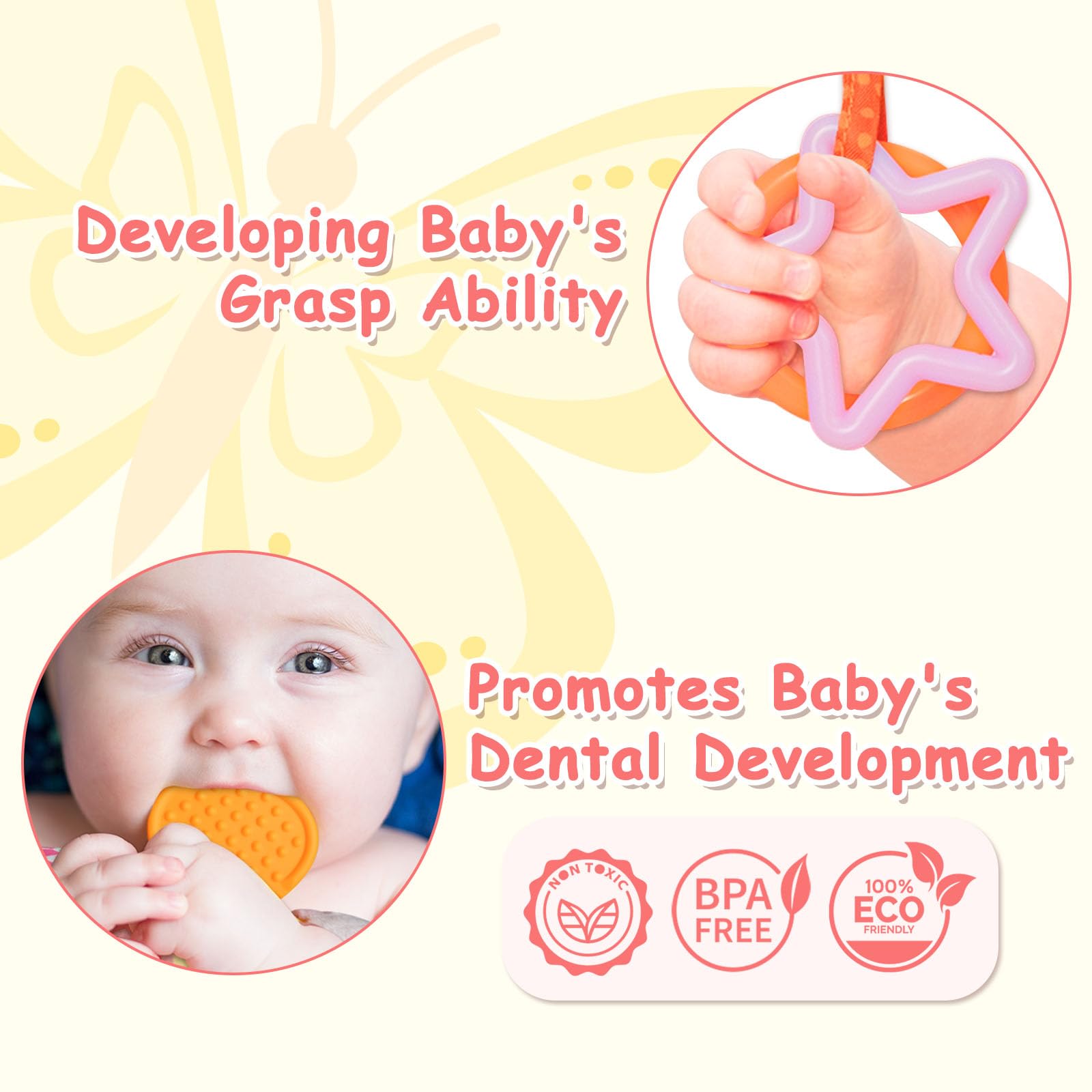 Juguetes para bebés de 0 a 6 meses, animal de peluche sensorial musical infantil con chirriador, sonajero, alas arrugadas, mordedor y anillo para colgar, juguete para el tiempo boca abajo para recién 4