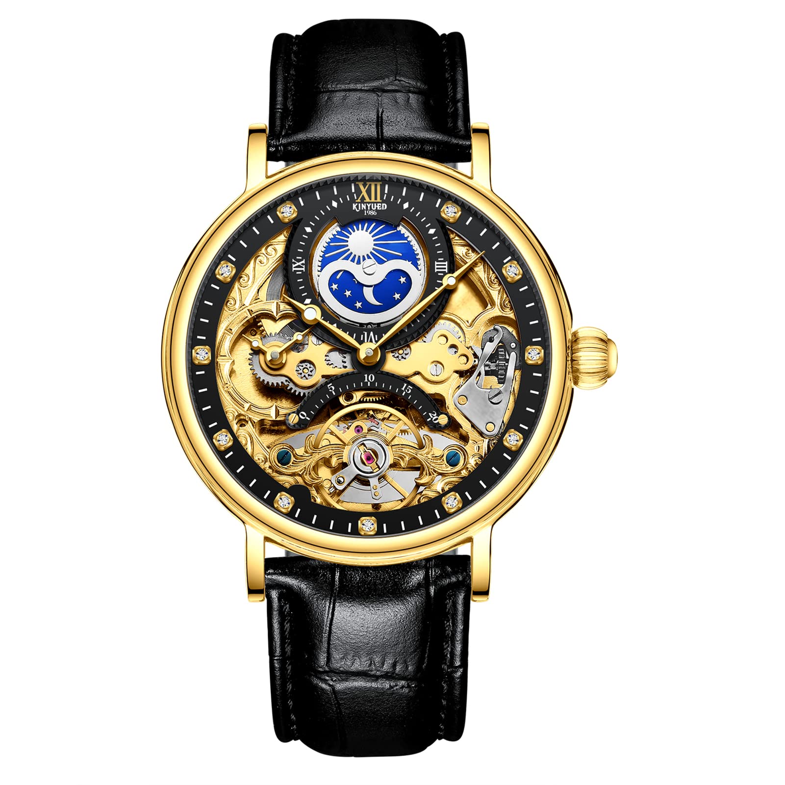 FORSINING Tourbillon Herren-Armbanduhr, Mondphase, automatische Armbanduhr, modisch, Business, Luxus-Skelett, Herren-Armbanduhr, Dual-Zeit-Selbstaufzug, Lederband, Allgold Black, Riemen