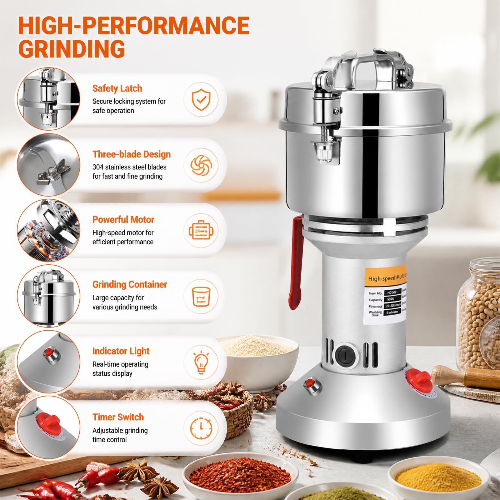 Moulin à céréales électrique 2500 W en acier inoxydable moulin à céréales avec système à triple lame 28000 tr/min Moteur puissant haute vitesse pour céréales sèches épices céréales céréales café maïs
