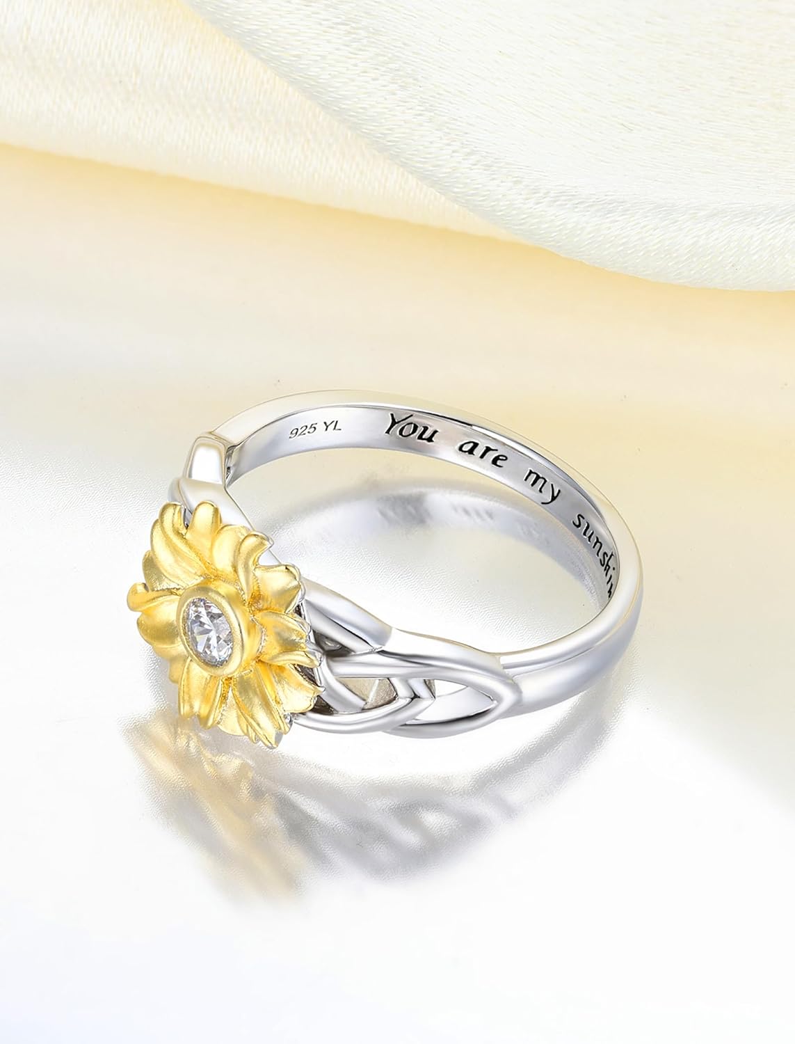YL Sunflower Rings 925 Sterling Silver You Are My Sunshine Ring Cubic Zirconia Flower Jewelry for Women