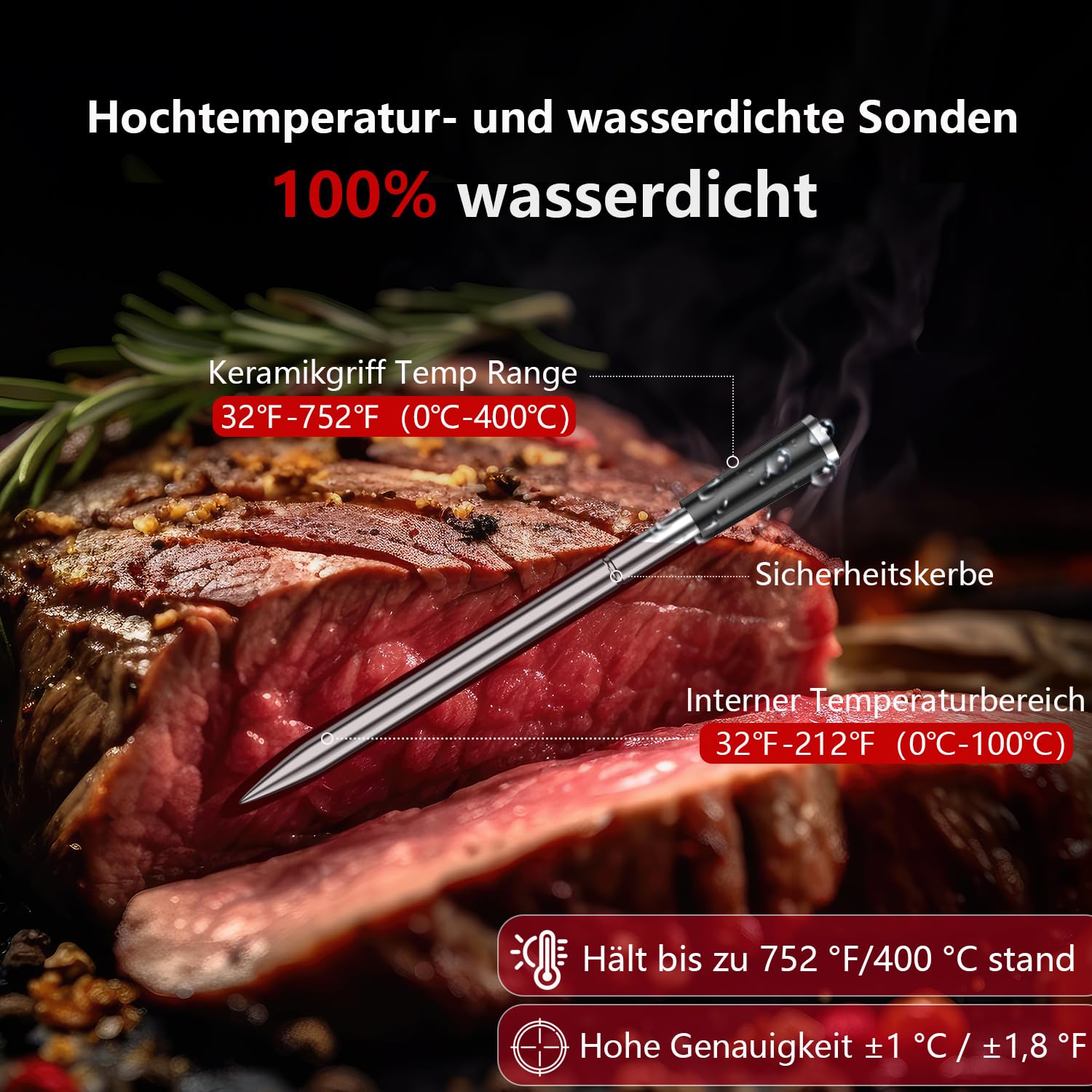 BFOUR Kabelloses Fleischthermometer mit 2 Sonden, Bluetooth Bratenthermometer Digital Wireless für Rotisserie Grill Ofen, APP-Steuerung, ± 0,5 ℃ Genauigkeit, Geschirrspüler Wasserdicht