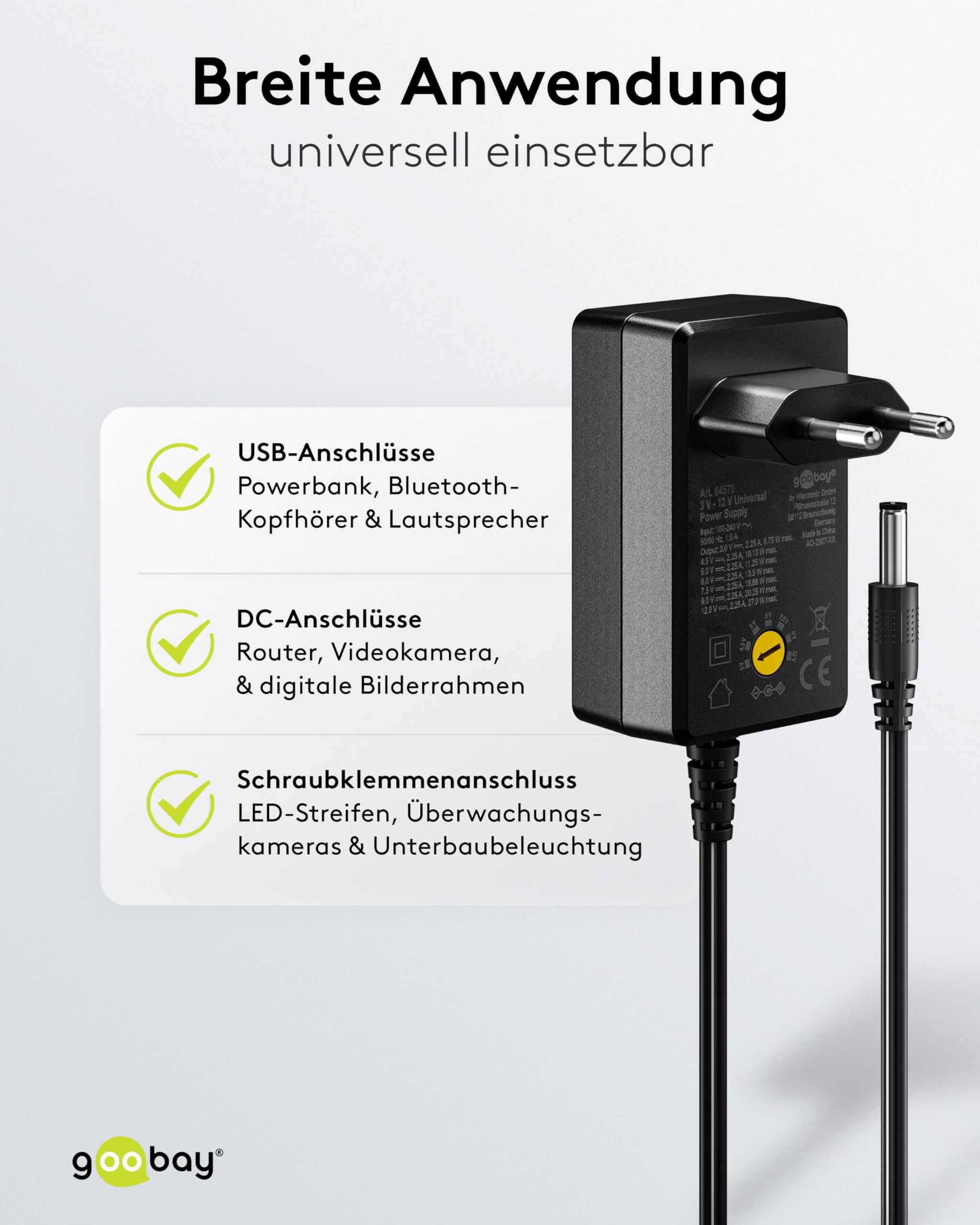 goobay 64570 Alimentatore universale 3 V - 12 V, max. 27 W/DC adattatore di ricambio per TV, PC, router, striscia LED/Tensione variabile/USB C, Micro USB/incl. 11 adattatori/Nero